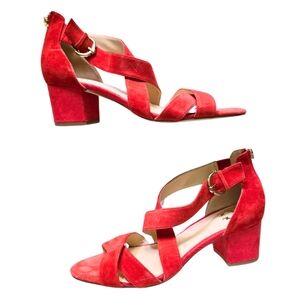 C. WONDER Red Coral Suede Leather Cross Strap Louisa Block Heel Size 9
